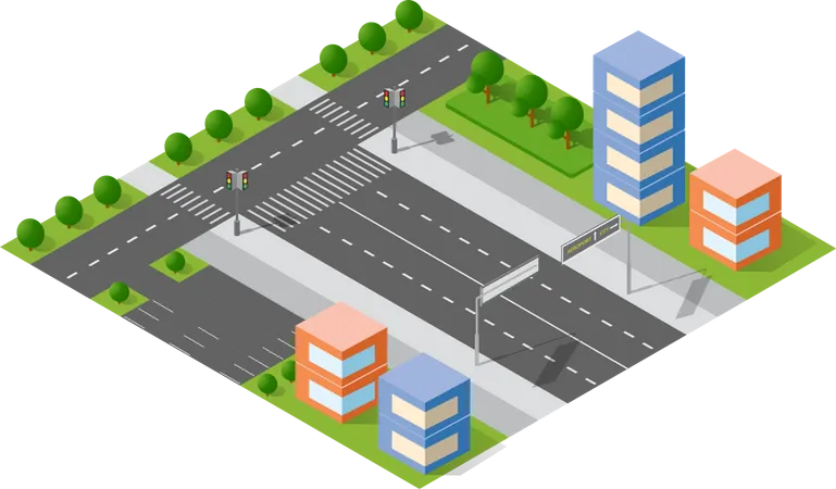 Isometric City Top View Of The City Quarter Highway Crossroads Urban Landscape Town Infrastructure Illustration