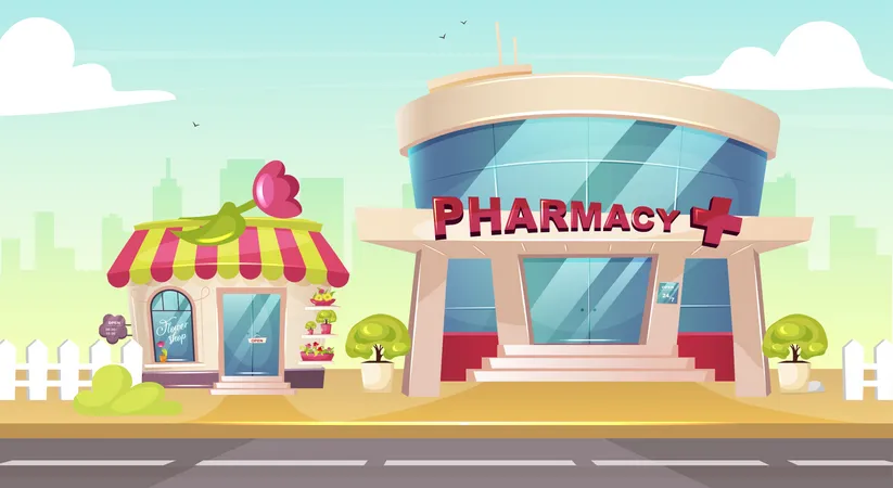 City Center Flat Color Vector Illustration Flower Shop Front Pharmacy Glass Building Exterior Drugstore Entrance With Nobody Outside Cute 2 D Cartoon Cityscape With Sidewalk On Background Illustration