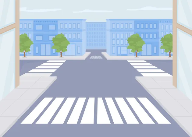 City Crossroads Flat Color Vector Illustration Urban Infrastructure Public Place Summertime Town Fully Editable 2 D Simple Cartoon Cityscape With Buildings And Road On Background イラスト