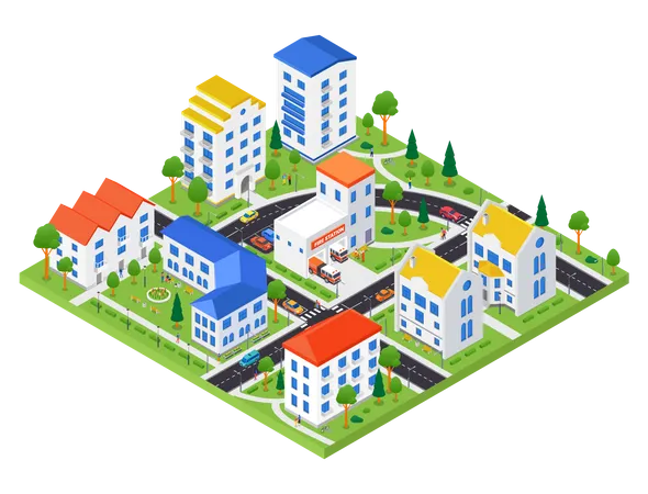 City District Modern Vector Colorful Isometric Illustration Urban Landscape With Apartment Houses Fire Station Road With Cars Trees Real Estate Housing Complex Construction Concepts Illustration