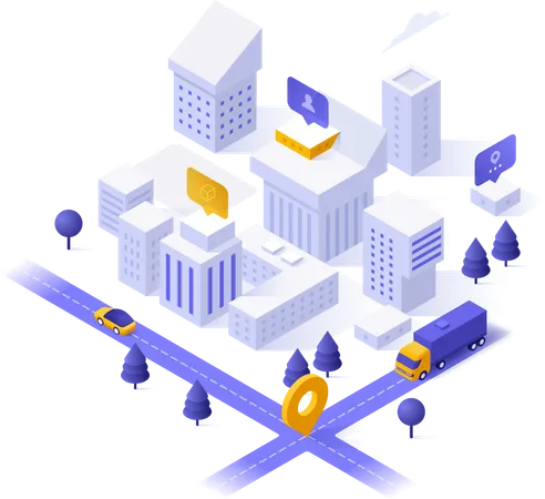 City district, living buildings or houses, streets and location mark  Illustration