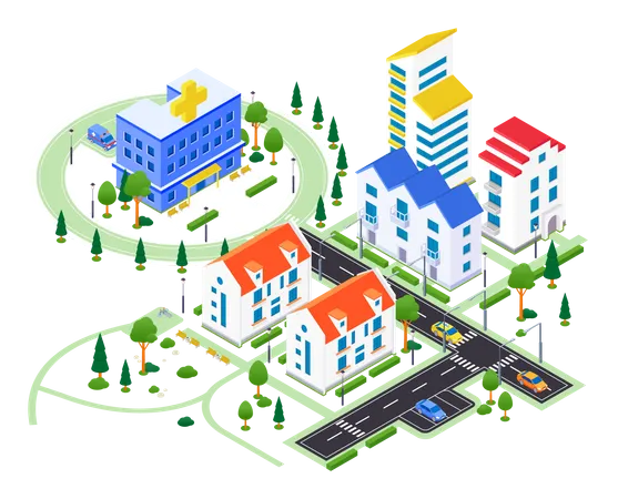 City District Modern Vector Colorful Isometric Illustration Urban Landscape With Apartment Houses Hospital With Ambulance Road With Cars Parking Lots Trees Real Estate Housing Complex Illustration