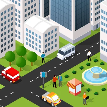Lifestyle Illustration Of The City Block With People Houses And Streets Conceptual Drawing Isometric Style Vector Illustration