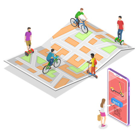 City eco transportation, rent online service, urban eco-friendly transport  イラスト
