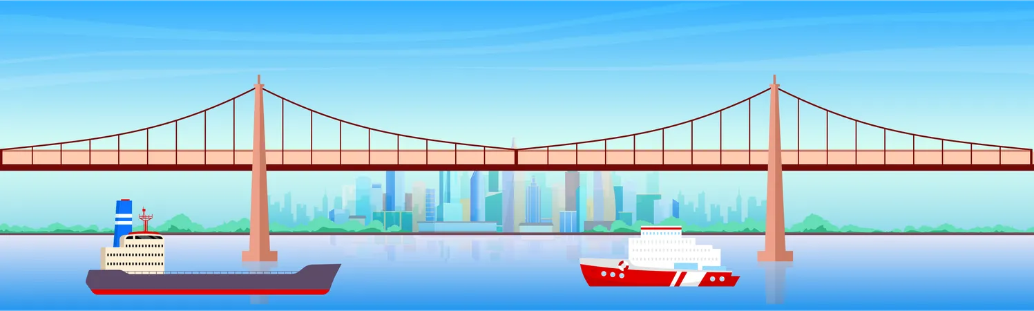 City Harbor Flat Color Vector Illustration Seaside Metropolis 2 D Cartoon Cityscape With Skyscrapers On Background Urban Landscape With Freight Ships Near Bridge Commercial Shipping Business Illustration