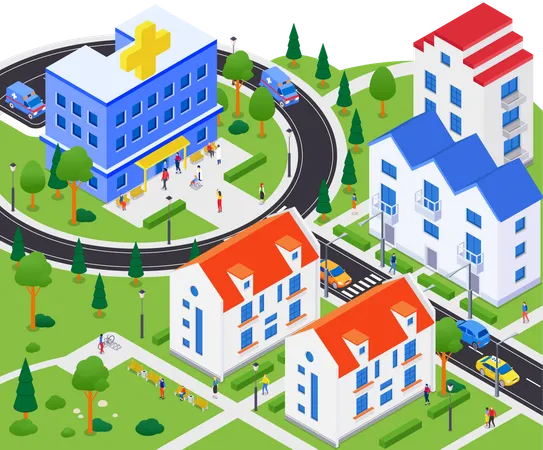 City Hospital Modern Colorful Isometric Web Banner With Copy Space For Text High Quality Urban Landscape With A Medical Clinic Buildings Apartment Houses Road With Cars Healthcare Concept Illustration