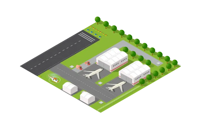 Isometric 3 D Airstrip Of The City International Airport Terminal And The Plane Transportation And Airplane Runway Aircraft Jet Urban Transport And Building Construction Roads Trees And Paths Illustration