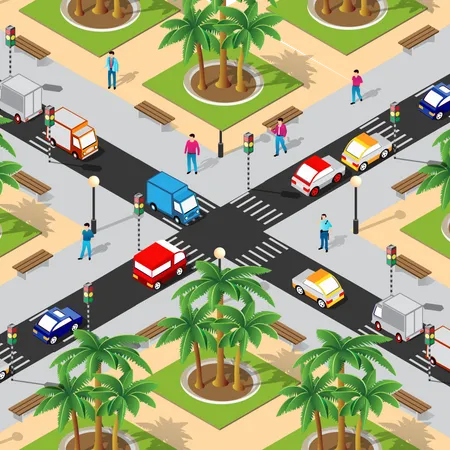 Isometric Street Crossroads Illustration Of The City Quarter With Streets People Cars Stock Illustration For The Design And Gaming Industry Illustration