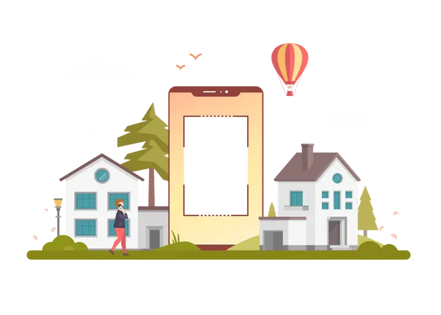 City Life Flat Design Style Vector Illustration On Orange Background A Composition With A Citizen Walking Small Buildings Trees Hot Air Balloon A Smartphone With Place For Your Image On Screen Illustration