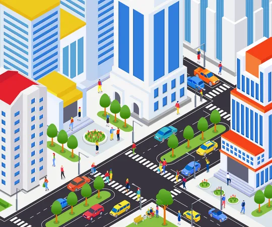City Life Modern Vector Colorful Isometric Illustration Urban Landscape With Apartment Houses Office Buildings Road With Cars Citizens Walking Real Estate Housing Complex Construction Idea Illustration