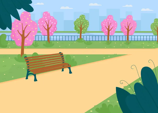 City park near river in spring  Illustration