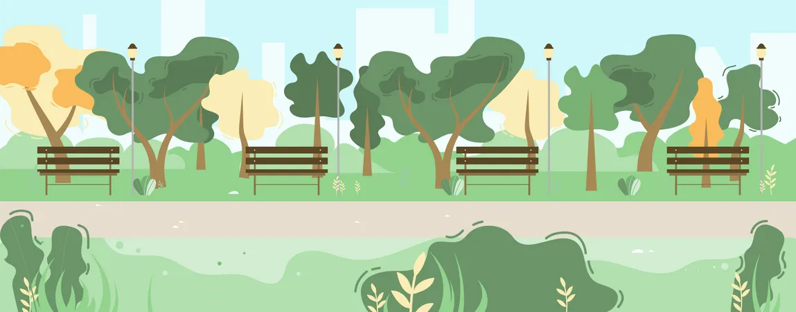 City Park Scene with Green Trees, Benches  Illustration