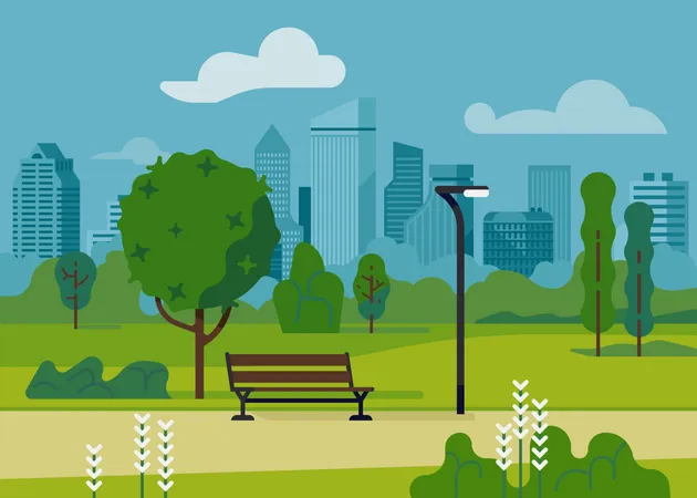 City park with modern bench and light post  Illustration