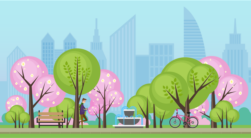 City park with pink blossom Illustration