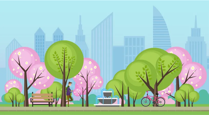 City park with pink blossom  Illustration