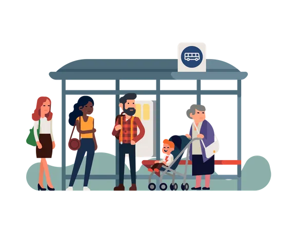 City People waiting for bus at bus station  Illustration