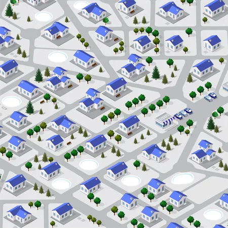 A Glance At The Isometric 3 D Illustration View Of A Cottage Townhouse Bungalow Residential Villa Village From Above Illustration