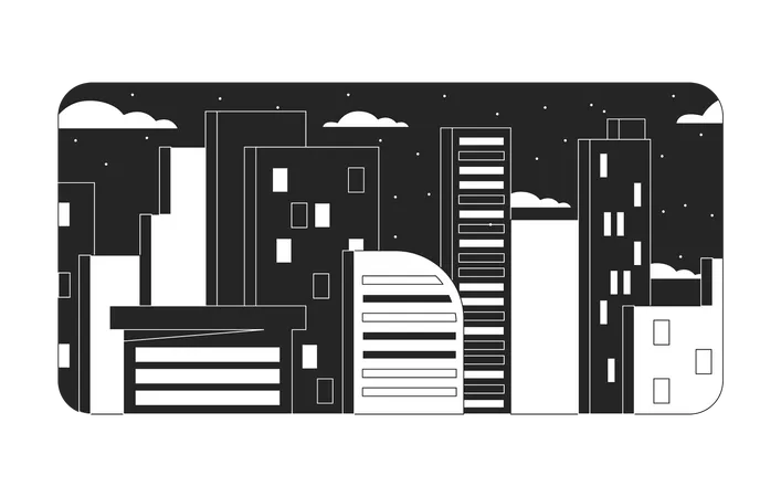 City Residential Buildings Black And White Chill Lo Fi Background Skyscraper Starry Night Linear 2 D Vector Cartoon Cityscape Illustration Monochromatic Lofi Wallpaper Desktop Bw 90 S Retro Art Illustration