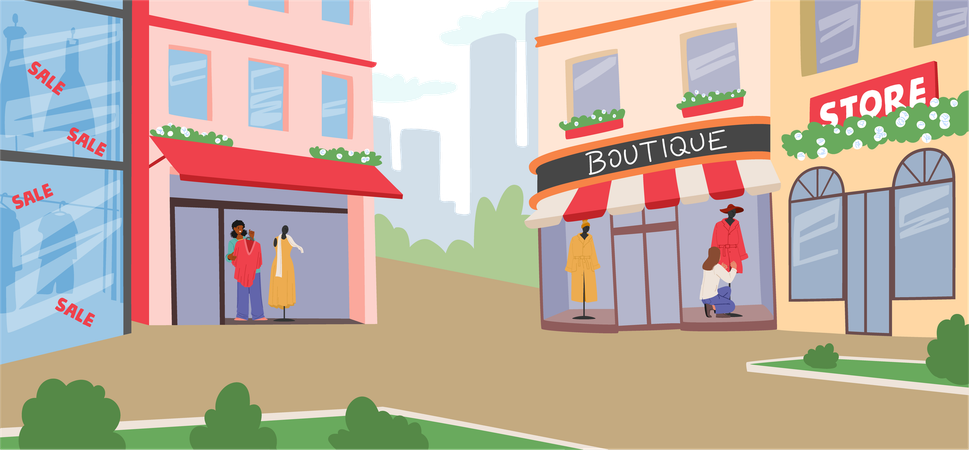 City street with boutique retail store marketplaces buildings at roadside  Illustration