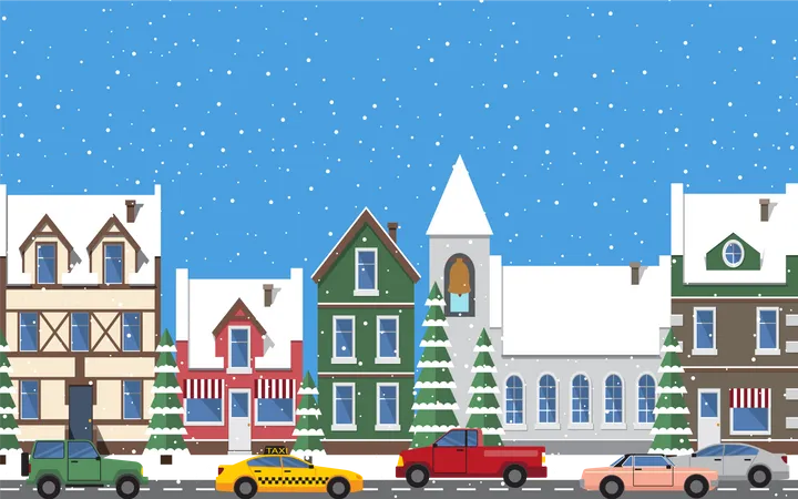 Cityscape Horizontal Poster Buildings With Entrances And Window Tower With Bell Cars On Roads And Pine Tree With Snow Vector Illustration Illustration