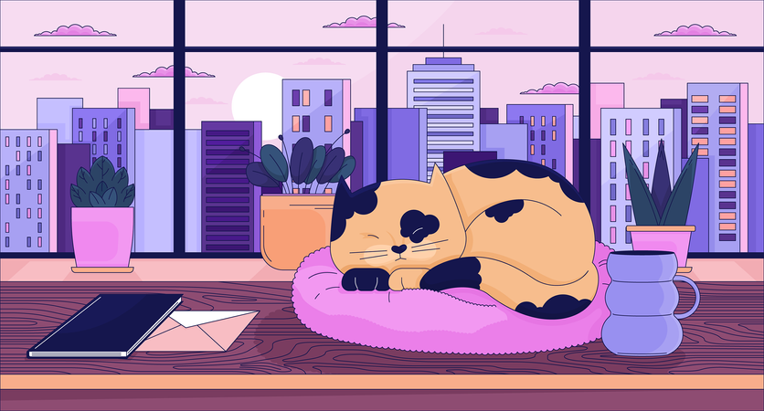 Cityscape sunset cozy desk with sleeping cat  Illustration