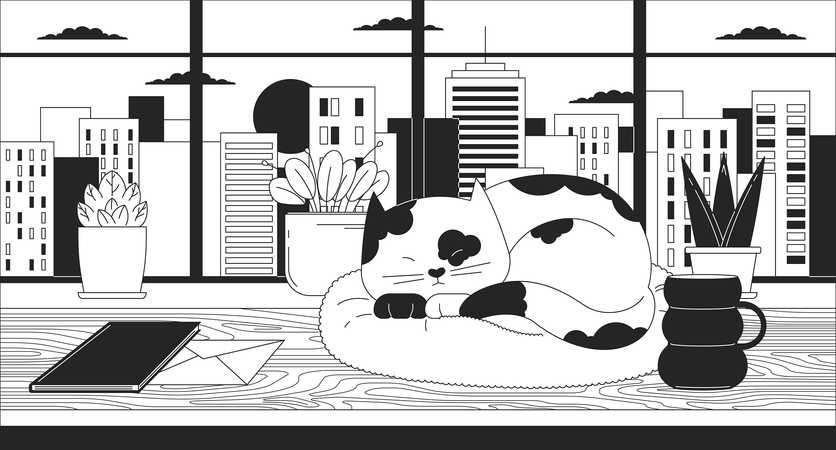Cityscape sunset cozy desk with sleeping cat  イラスト