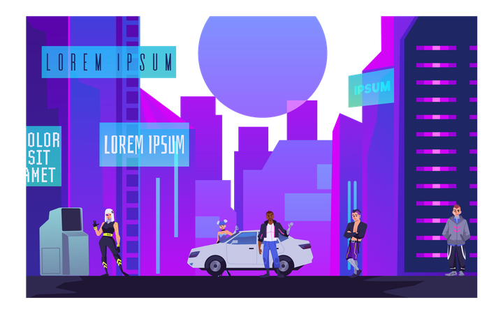 サイバーパンクな人々がいる都市の風景  イラスト
