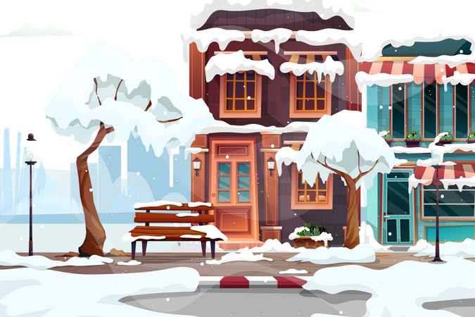 Ciudad de invierno con casas.  Ilustración