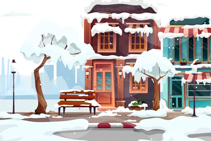 Ciudad de invierno con casas.  Ilustración