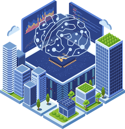 Ciudad inteligente impulsada por tecnología de red neuronal cerebral AI  Ilustración