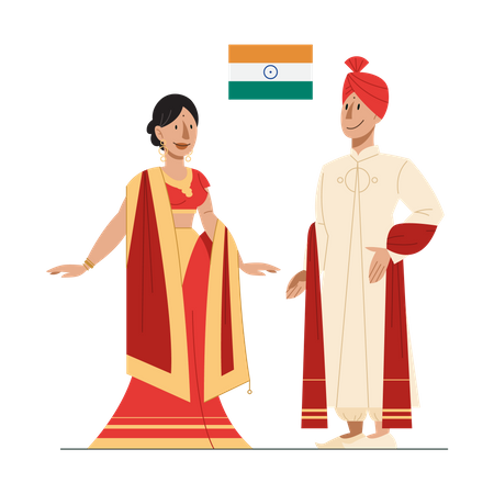 Ciudadano indio en traje nacional con una bandera  Ilustración