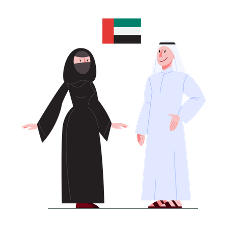 Ciudadano de los EAU en traje nacional con una bandera  Ilustración