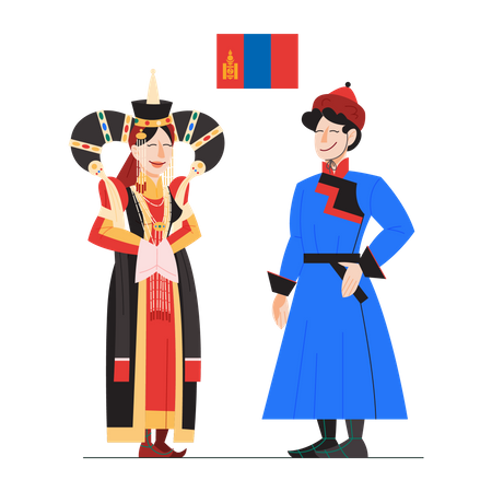 Ciudadano de Mongolia en traje nacional con una bandera  Ilustración