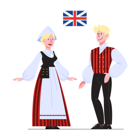 Ciudadano del Reino Unido en traje nacional con una bandera  Ilustración