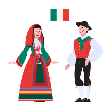 Ciudadano italiano en traje nacional con una bandera  Ilustración