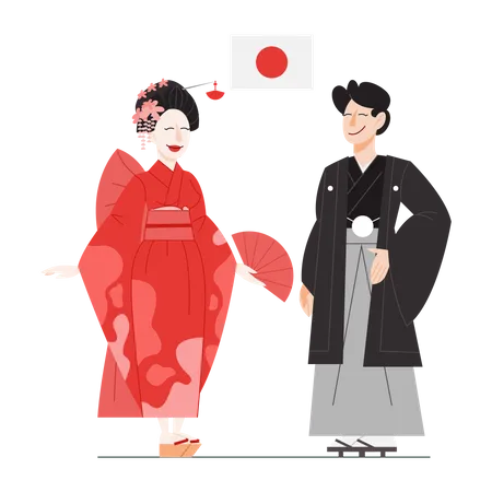 Ciudadano japonés en traje nacional con una bandera.  Ilustración