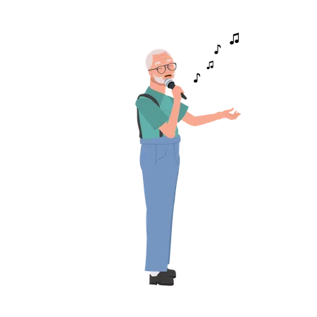 Feliz Anciano Cantando Una Persona Mayor Activa Disfruta De Un Karaoke Expresivo Ilustracion De Dibujos Animados De Vector Plano Ilustración