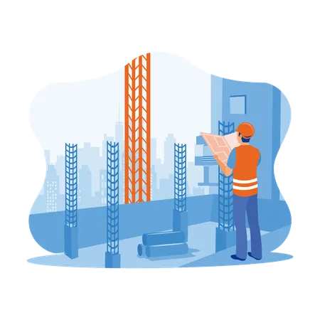 Civil Architect Engineer With Construction Plans Standing On Building Site  Illustration