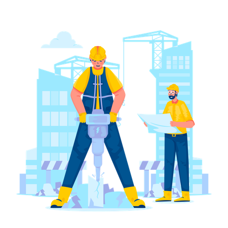 Civil engineer and construction worker working on site  Illustration
