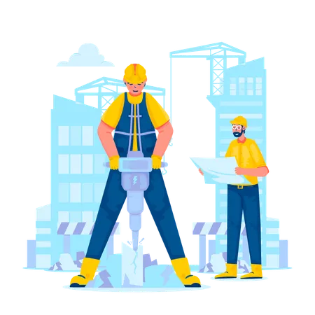 Civil engineer and construction worker working on site  Illustration