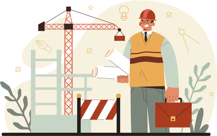 Civil engineer  at construction site with plan design  Illustration