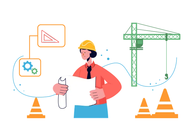 Civil engineer holding project plan and working on it Illustration