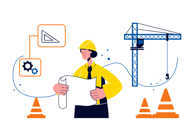 Civil engineer holding project plan and working on it  Illustration
