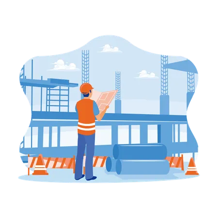 Civil Engineer Standing On Construction Site Holding Blueprint In His Hand  Illustration