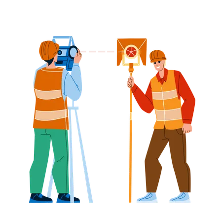 Civil Engineer With Surveying Equipment Vector Civil Engineer Men In Uniform Working With Theodolite Measuring Tool Together Characters With Surveyor Telescope Flat Cartoon Illustration Illustration