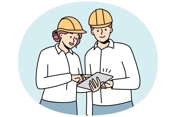 Civil engineers in helmets working together at building site  Illustration