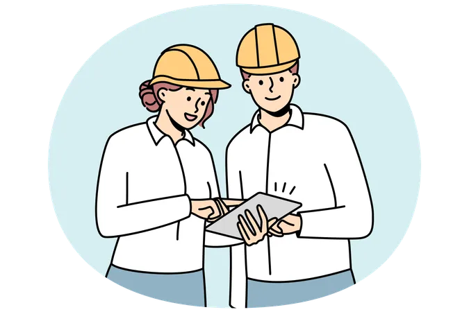 Civil engineers in helmets working together at building site  Illustration