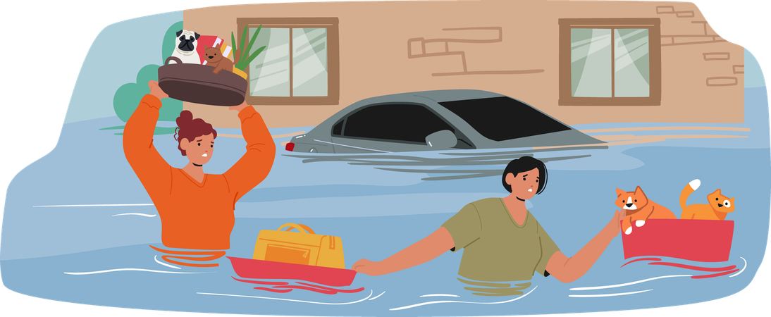 Civilians Wade Through Deep Floodwaters Saving Pets And Essential Belongings  Illustration