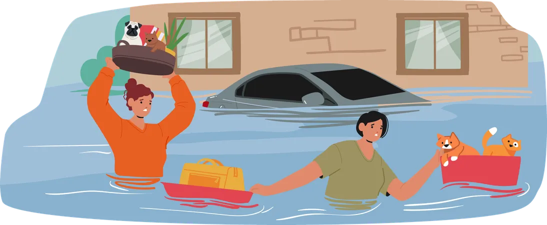 Civilians Wade Through Deep Floodwaters Saving Pets And Essential Belongings  Illustration