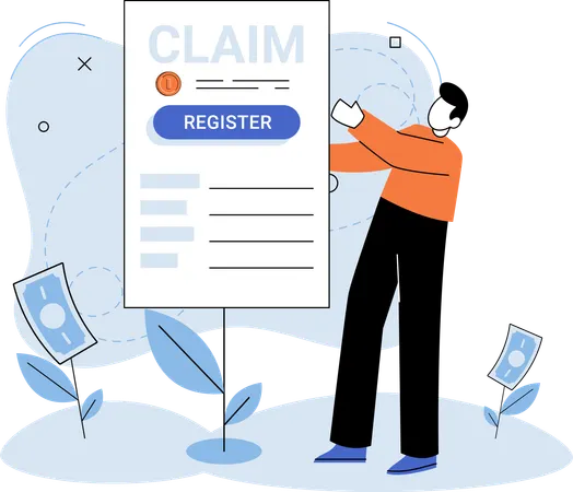 Claim form man filling out checklist write personal information into document for data registration  Illustration